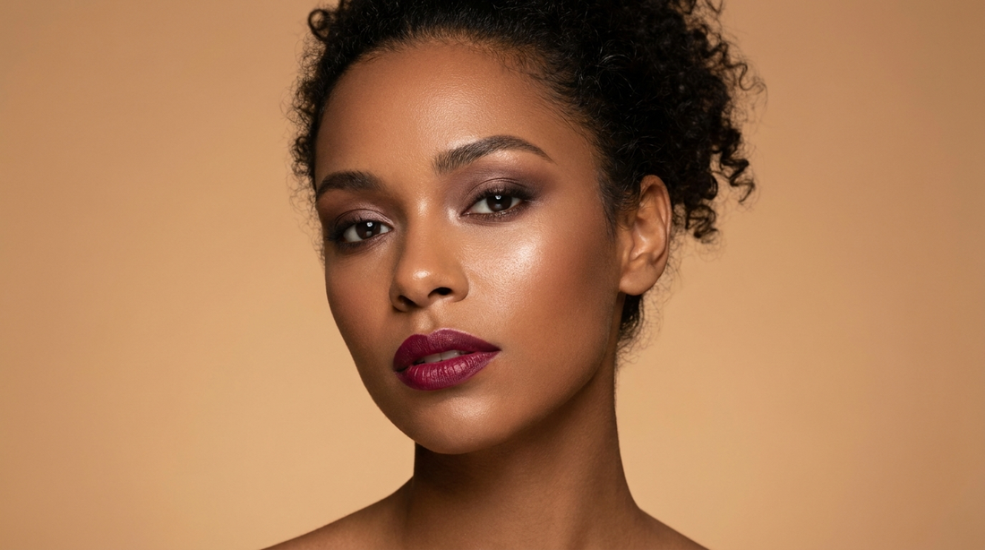 Mulher negra com maquiagem impecável, pele iluminada e batom marcante