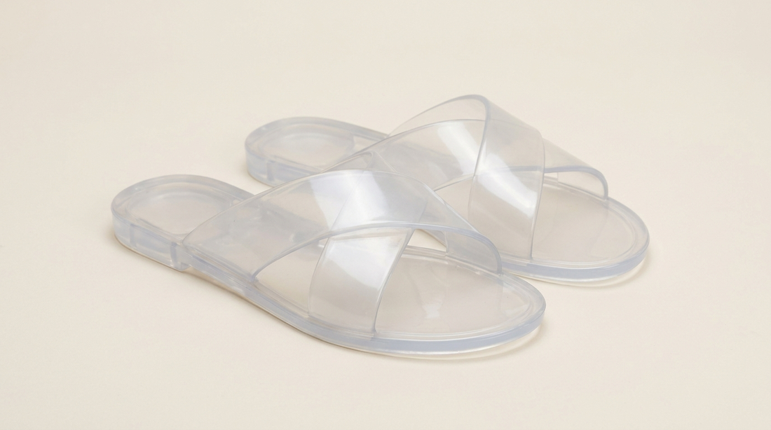 Sandália Melissa transparente unissex com tiras cruzadas em fundo neutro