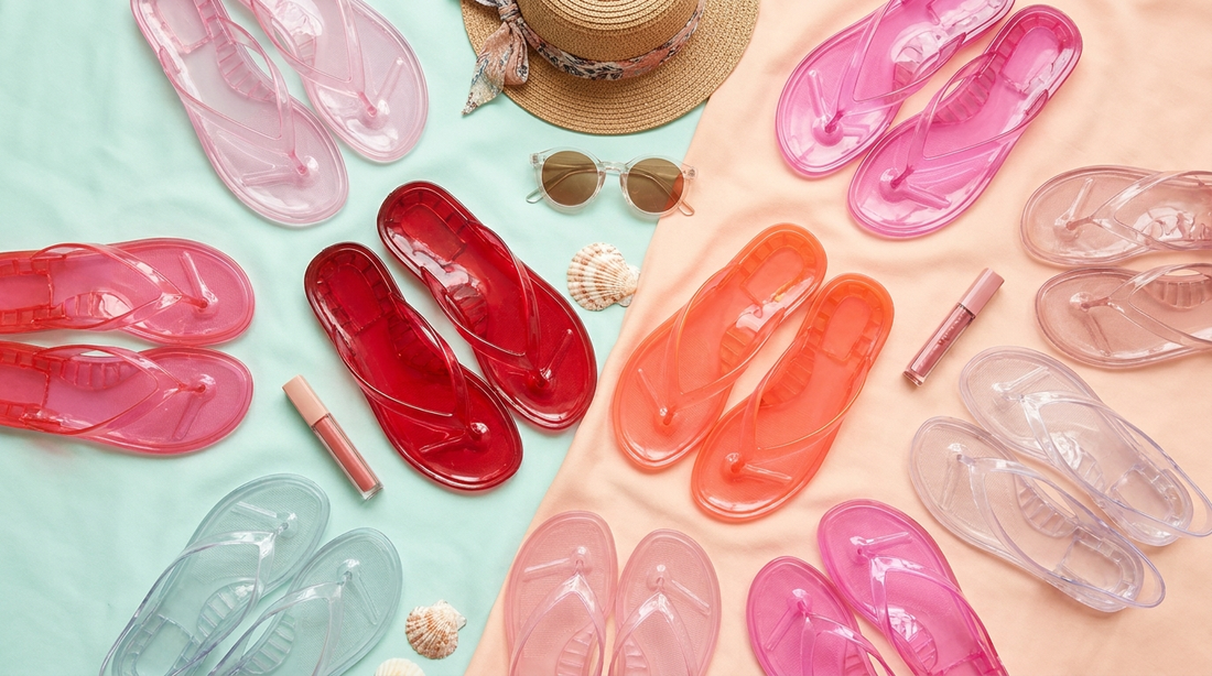Sandálias Melissa jelly translúcidas coloridas em flat lay com chapéu e óculos de verão