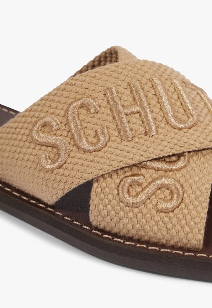Sandália Rasteira X Schutz Bege Logo Marrom