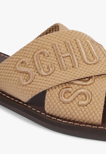 Sandália Rasteira X Schutz Bege Logo Marrom