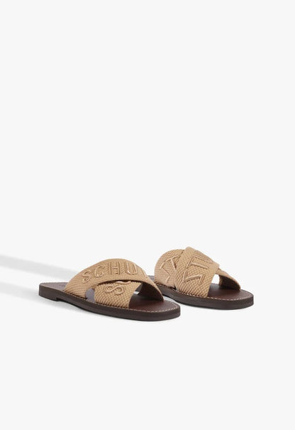 Sandália Rasteira X Schutz Bege Logo Marrom