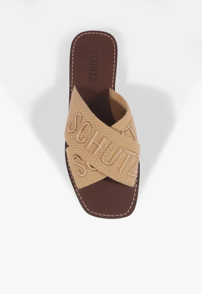 Sandália Rasteira X Schutz Bege Logo Marrom