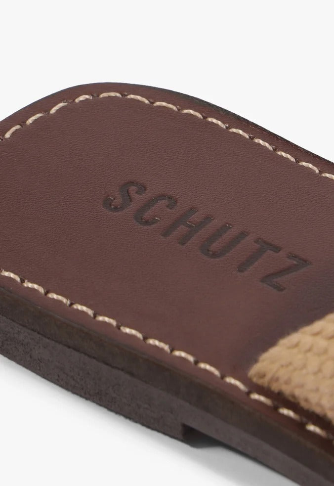Sandália Rasteira X Schutz Bege Logo Marrom